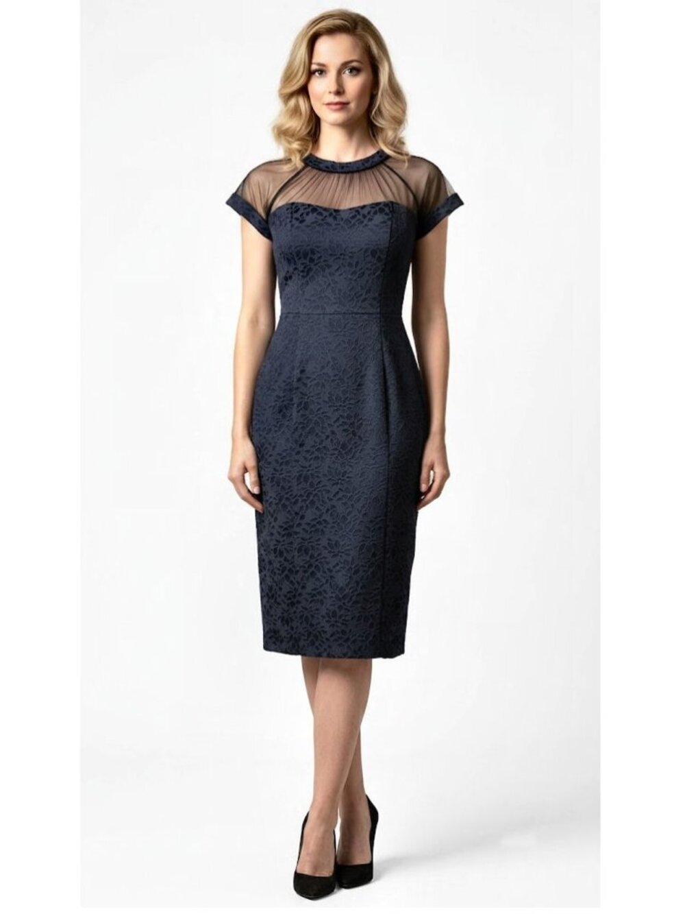 MAGGY LONDON Illusions Jaquard Sheath Dress, Navy Size US 2, UK 6